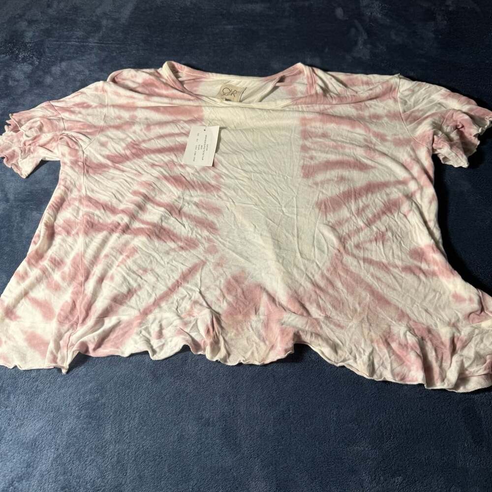 Chaser Open Neck Ruffle Tee XS Pink Tie Dye